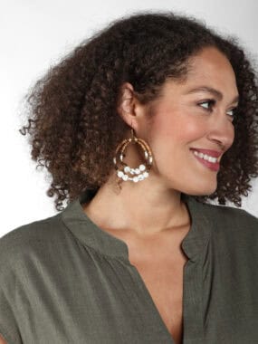 Wooden beaded drop hook hoop earrings