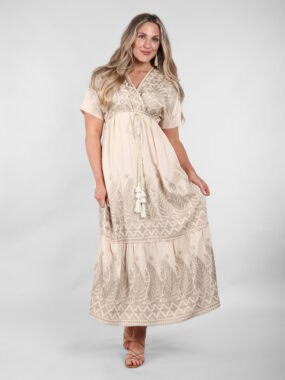 V-neck embroidered gold leaf full length dress