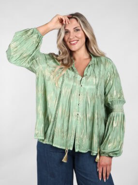 V-neck green and metallic gold blouse