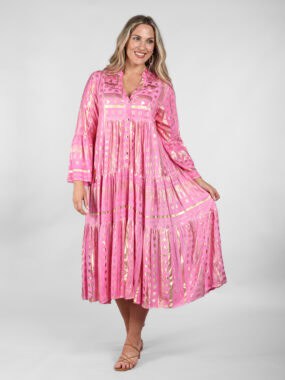 Pink and gold aztec gold foil tiered dress