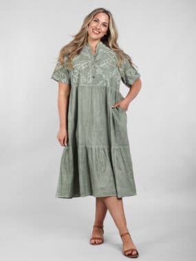 Leaf embroidered tiered cotton dress
