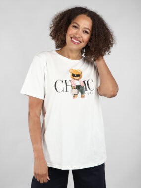 Chic teddy bear printed cotton round neck T-shirt