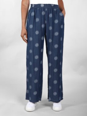 Chambray denim flower mosaic trousers with elasticated waistband