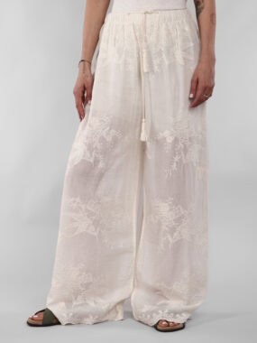 Wide leg embroidered cotton blend trousers with elasticated waistband