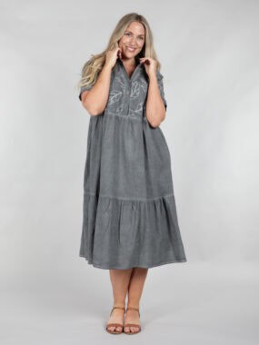 Leaf embroidered tiered cotton dress