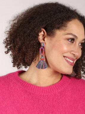 Multi beaded tassel stud earrings