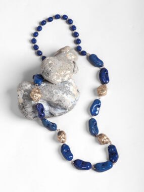 Hammered beaded pebble long necklace