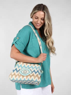 Woven embellished eye shoulder bag