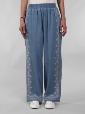 Chambray denim cotton embellished sequin trousers with elasticated waistband