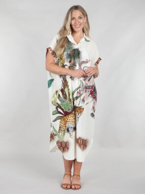 Palm tree animal print shirt dress