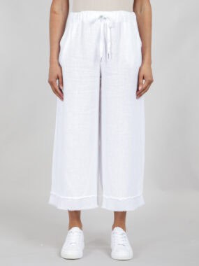 White linen blend trousers with frayed raw hem