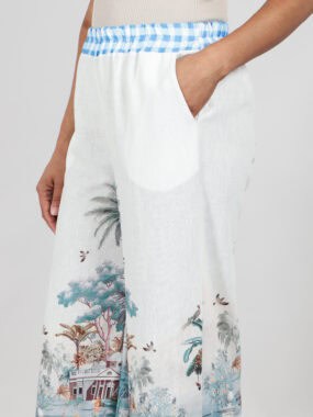 Palm tree gingham trousers with elasticated waistband