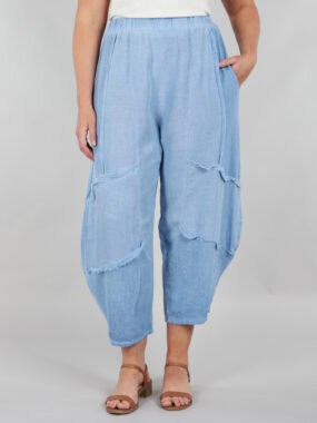 Linen blend frayed cropped trousers with elasticated waistband