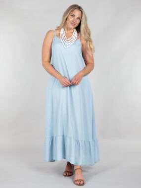 Chambray denim tiered spaghetti strap dress