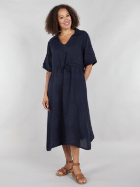 Linen short sleeve dress with tie waist
