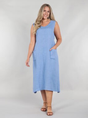 Linen sleeveless dress with a wrap button back