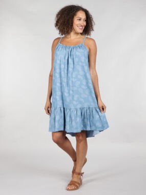 Chambray denim paisley printed tiered short dress