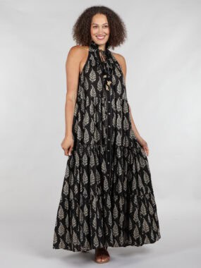 Sleeveless block printed tiered a-line dress