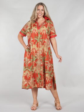 Tropical print a-line short sleeve dress