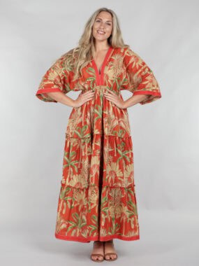 Tropical print dress with kimono sleeves