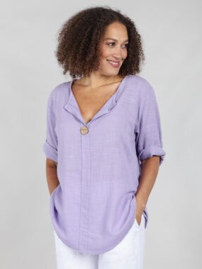 V-neck cotton top with feature wooden button
