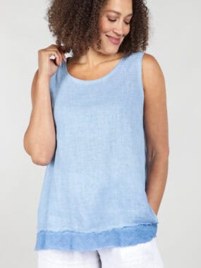 Sleeveless linen blend top with raw edging