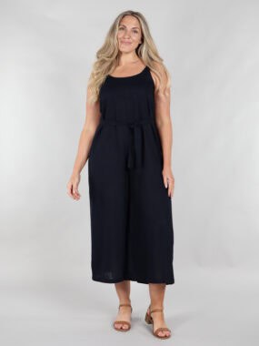Round neck cropped jumpsuit with tie belt