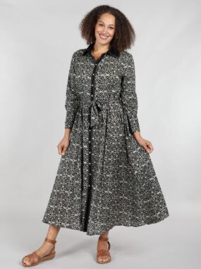 Motif block printed dress with tie belt