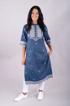 Embellished Geometric Denim Cotton Tunic Dress
