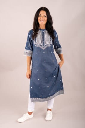 Embellished Geometric Denim Cotton Tunic Dress