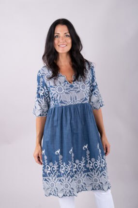 Floral Embroidered Denim Cotton V-Neck Dress