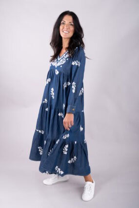 Embroidered Denim Cotton V-Neck Tiered Maxi Dress