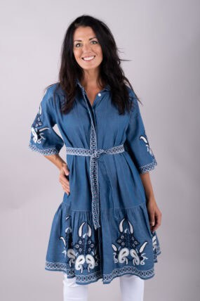 Embroidered Denim Cotton Dress with Tie Belt