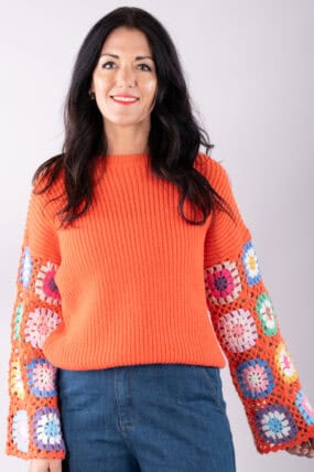 Knitted Crochet Sleeve Round Neck Jumper