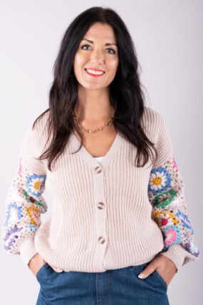 Knitted Crochet Sleeve V-Neck Cardigan