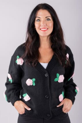 Knitted Floral V-Neck Black Cardigan