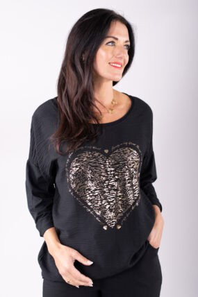Metalic Heart Round Neck Cotton Blend Top