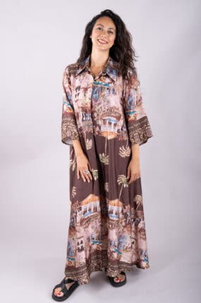 Printed Old Town A-line Maxi Shirt Dress