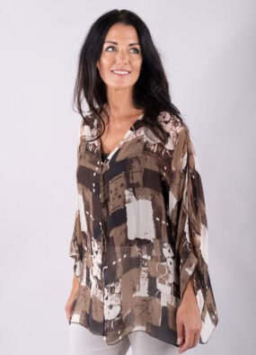 Silk Blend Abstract Print Oversized Blouse
