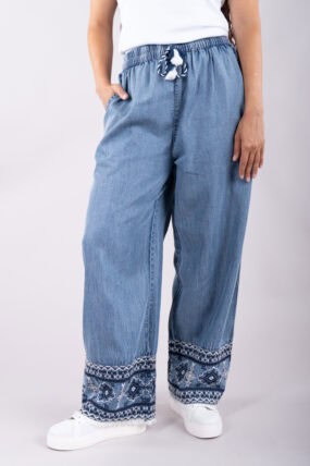 Embroidered Washed Denim Cotton Straight Leg Trousers
