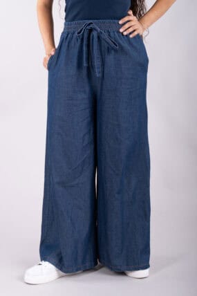 Wide Leg Denim Cotton Trousers With Elasticated Waistband