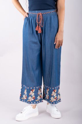 Embroidered Denim Cotton Wide Leg Trousers