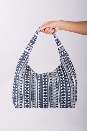 Woven Embellished Navy And Cream Shoulder Bag