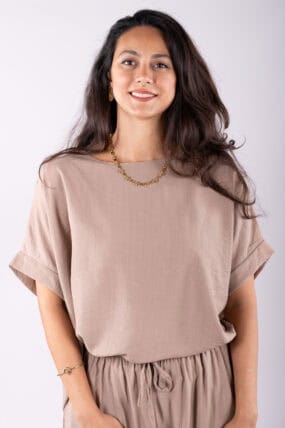 Round Neck Short Drop Sleeve Crinkle Top