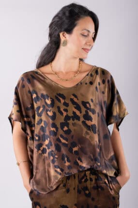 Leopard Silk Blend Short Sleeve Top