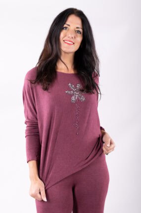 Embellished Flower Detail Jersey Knit Round Neck Top