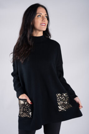 Embellished Sequin Funnel Neck Knit Jumper