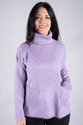 Ribbed Roll Neck Frayed Knit Jumper