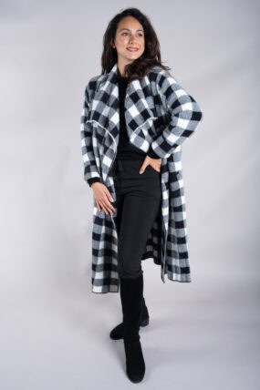 Chequered Waterfall Front Open Knit Cardigan