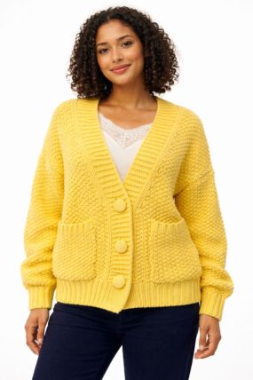 Textured V-Neck Cotton Blend Knit Cardigan With Front Pockets